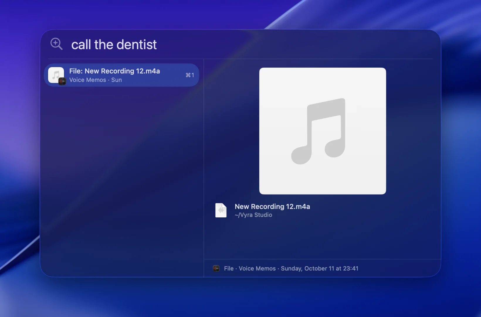 Searching “call the dentist” finds a voice memo