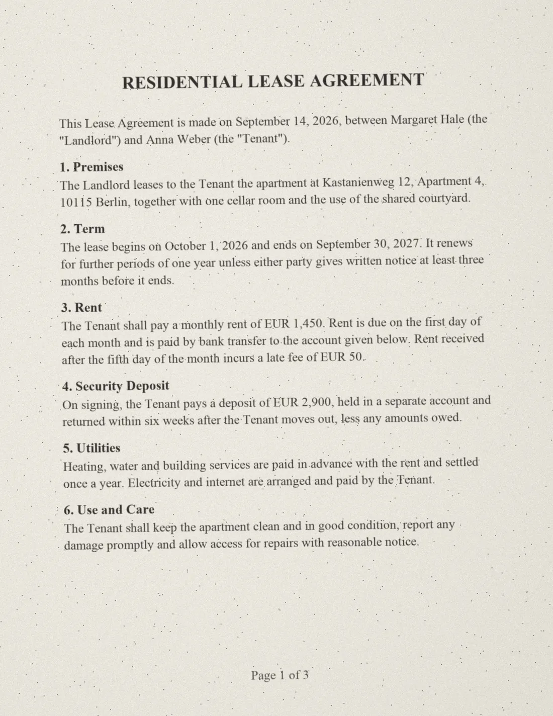 A scanned residential lease. The line “Rent is due on the first day of each month” is marked.